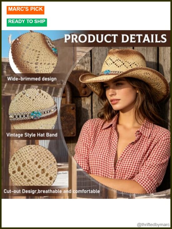 Straw Cowboy Hat Wide Brim Western Cowgirl Sun Protection main image 4